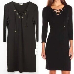Calvin Klein Lace Up Dress Quarter Sleeve Shift Mini Stretch Black Size 10 New